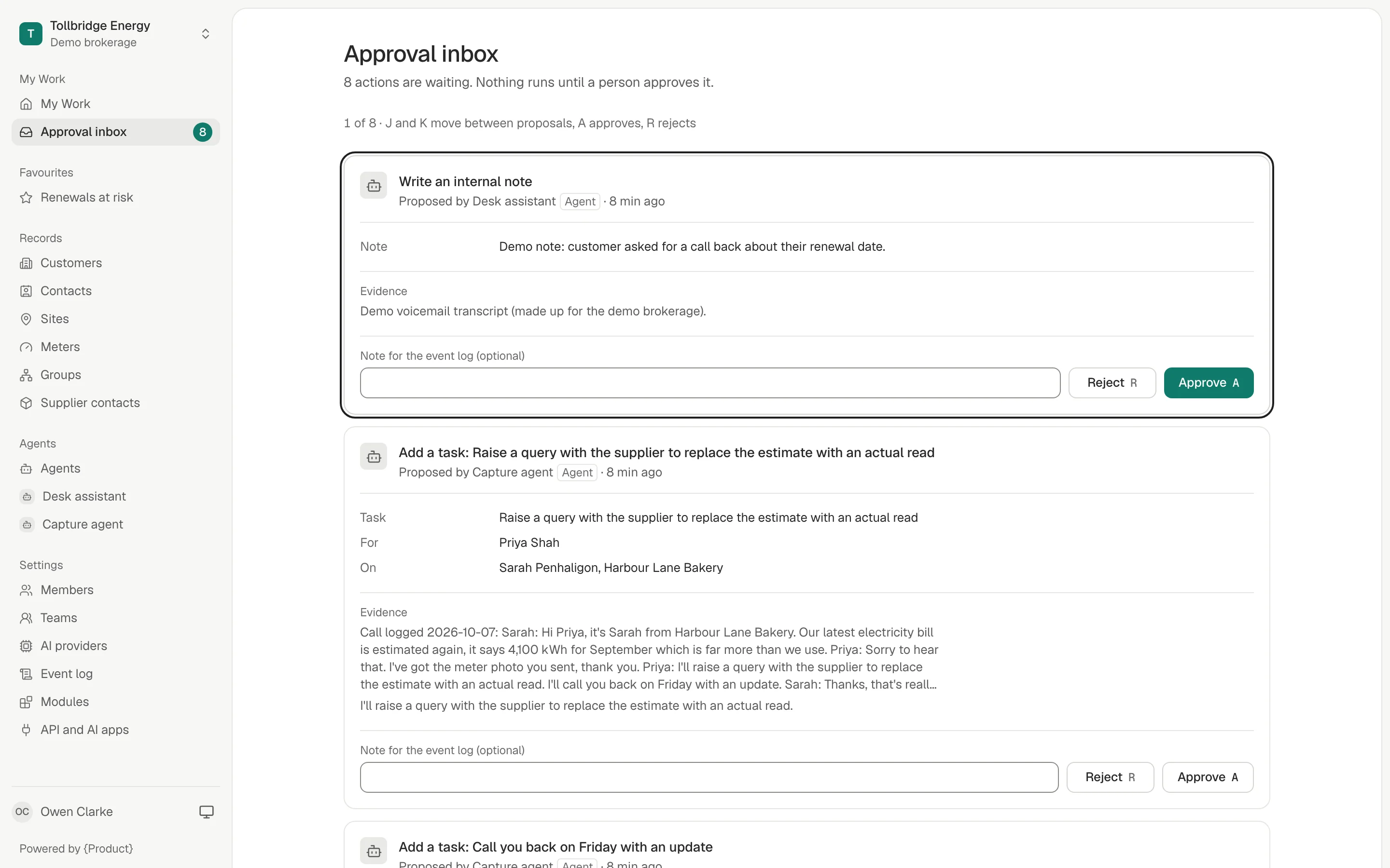 The approval inbox: 8 actions waiting. Each card shows the proposed action, the agent that proposed it and its evidence, such as the call transcript a task was read from, with Approve and Reject buttons.