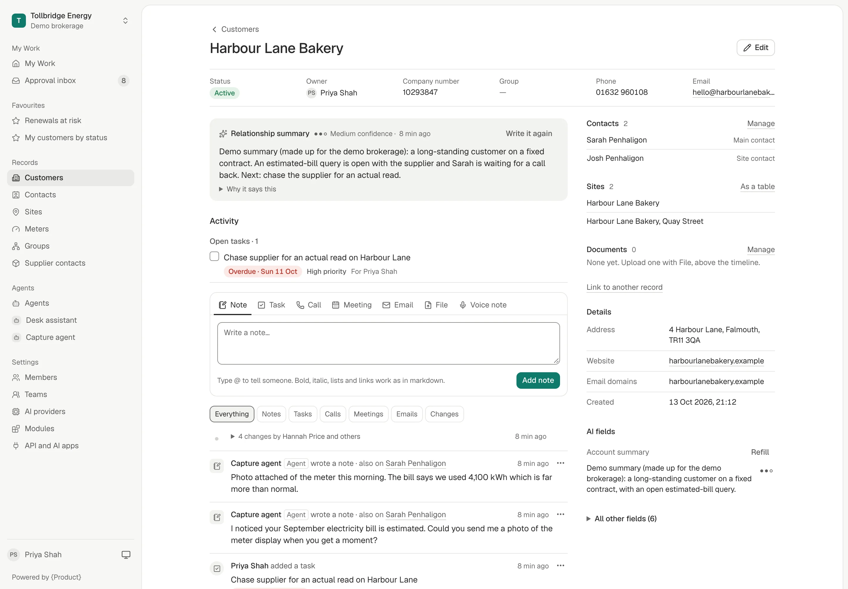 The Harbour Lane Bakery customer record: key facts across the top, a relationship summary marked as demo text, an open task, and the activity timeline with notes the Capture agent wrote from an email and a call.