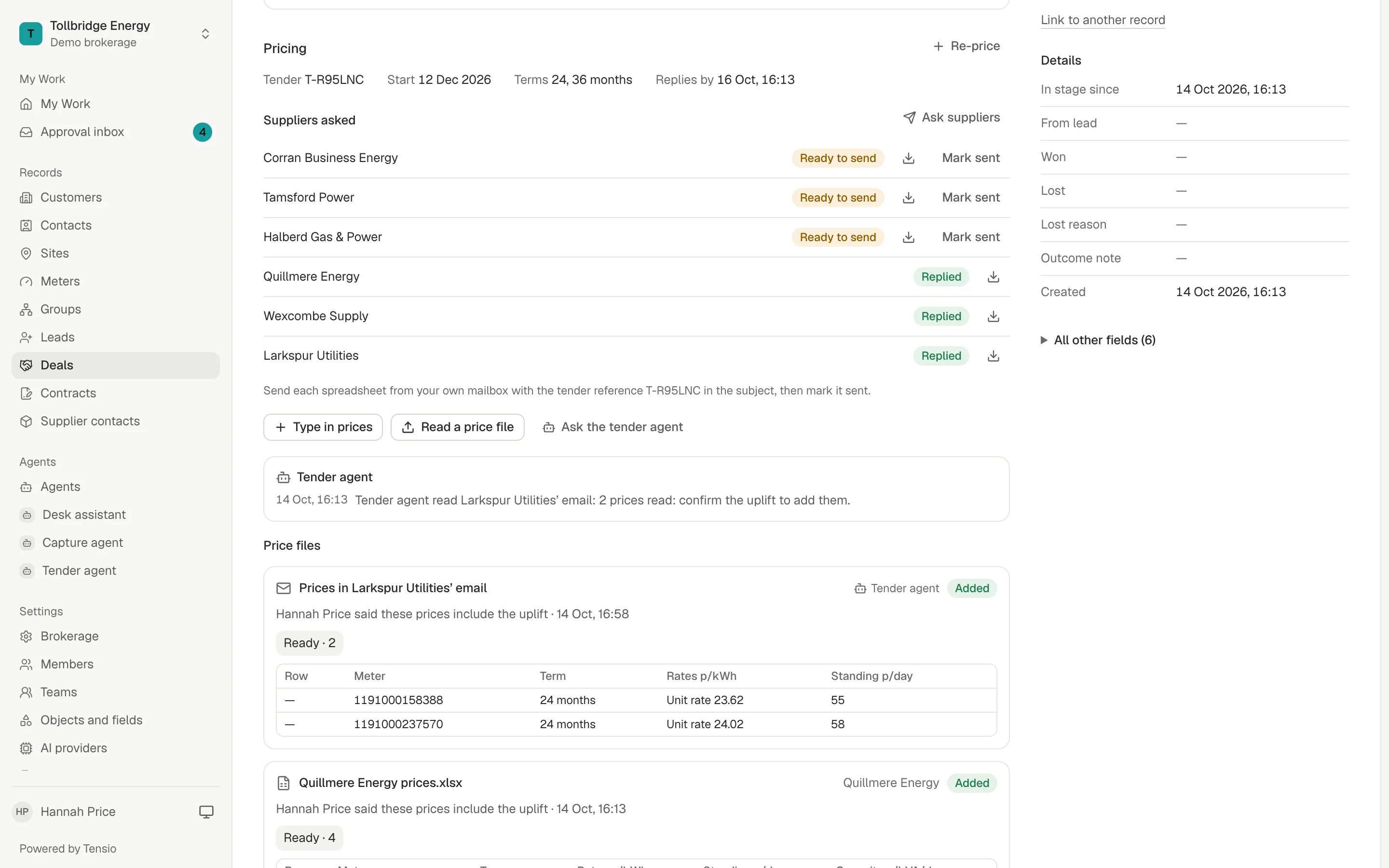 The pricing section of the Ashby Precision Engineering deal: tender T-R95LNC, six suppliers asked, three ready to send and three replied, and a note from the tender agent.