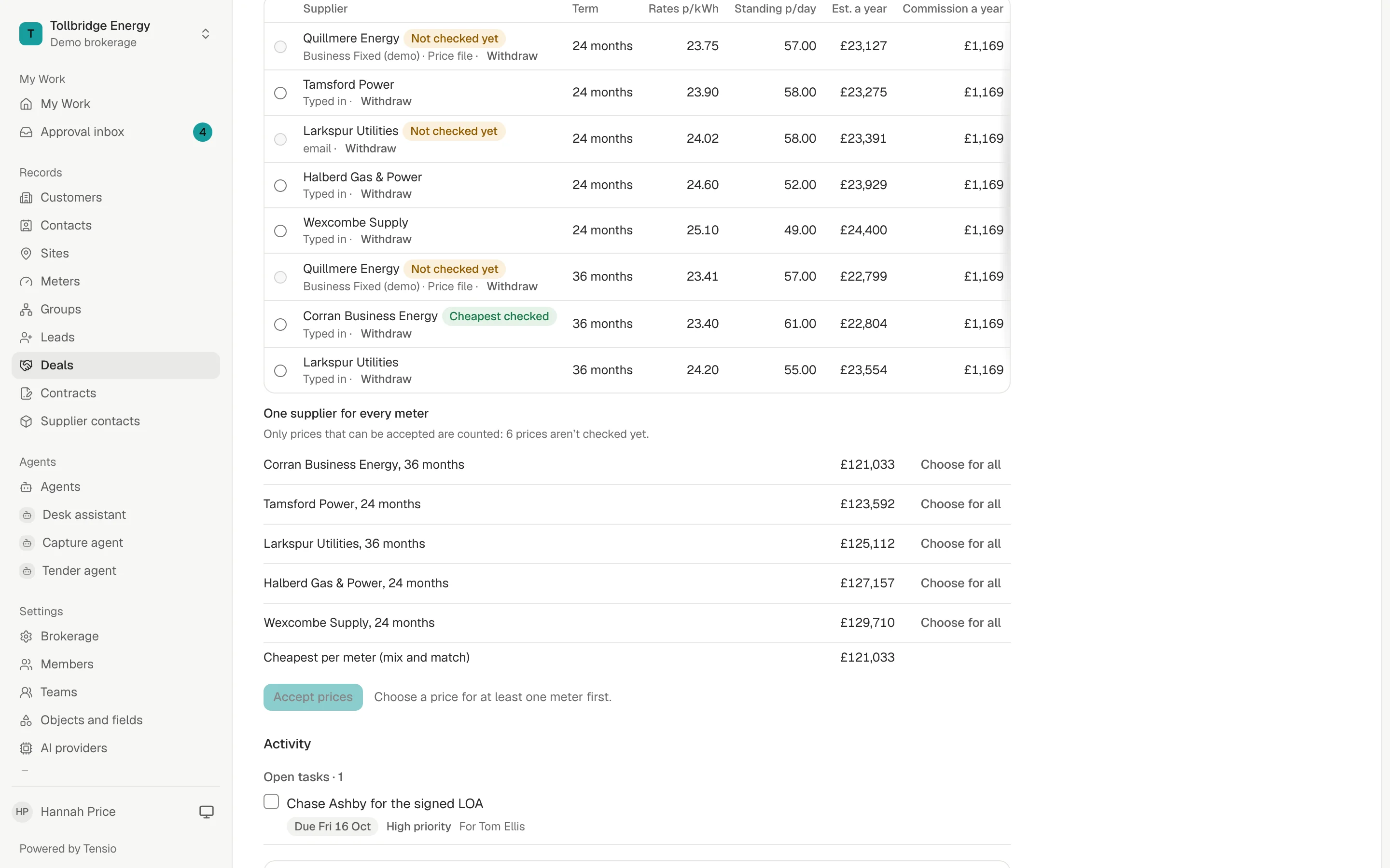 The comparison on the Ashby deal: each supplier’s price for a meter with its estimated annual cost, prices marked not checked yet, and the total for one supplier across every meter.