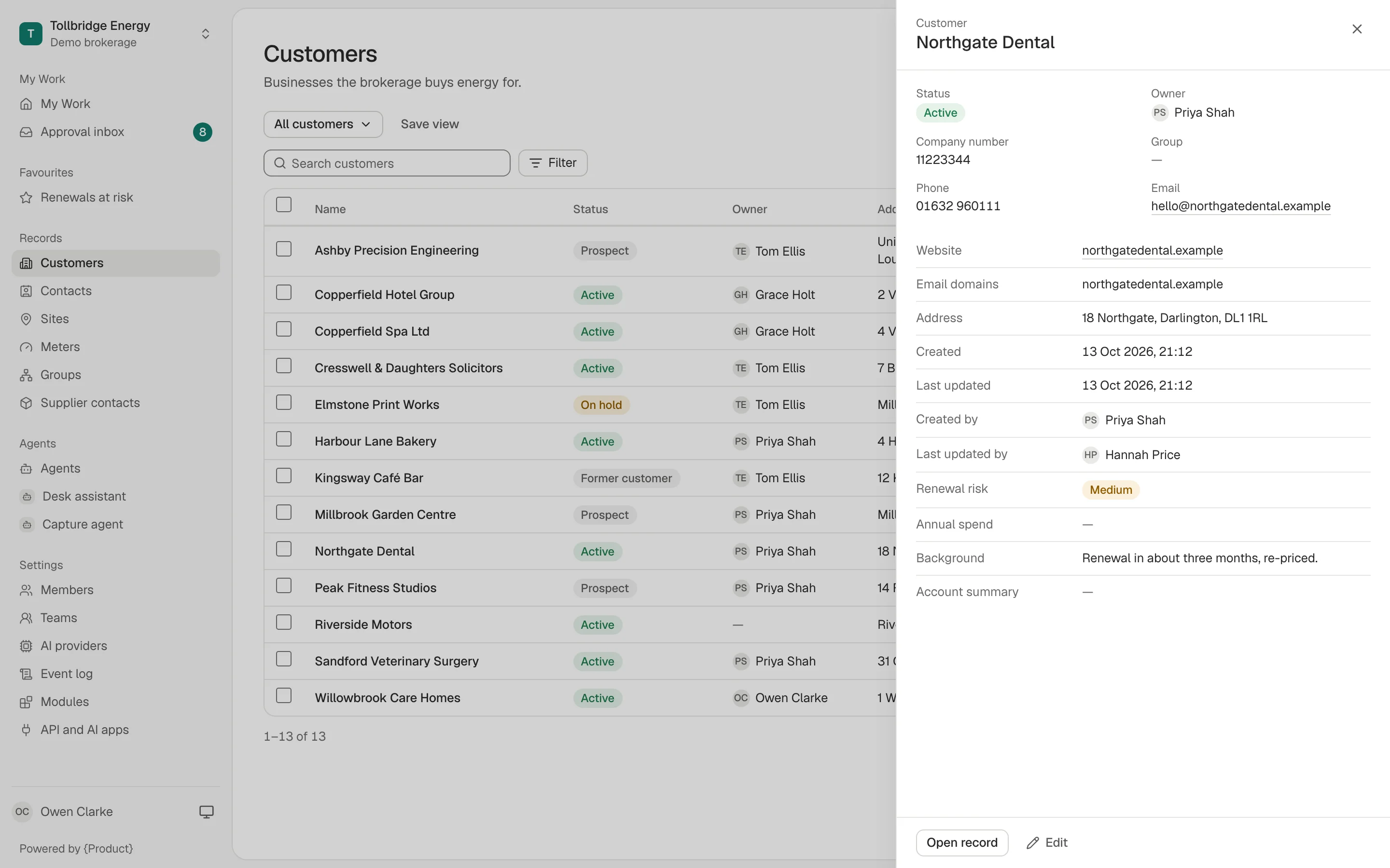 The customer list with Northgate Dental open in a side panel: status, owner, company number, contact details, renewal risk marked Medium, and a note that the renewal is in about three months.